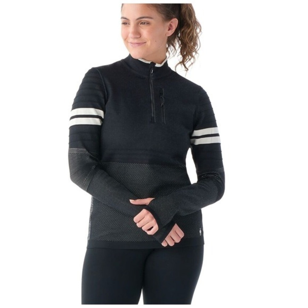 SMARTWOOL Intraknit‎ Merino Tech Base Layer 1/4-Zip Black & White Striped Top XS